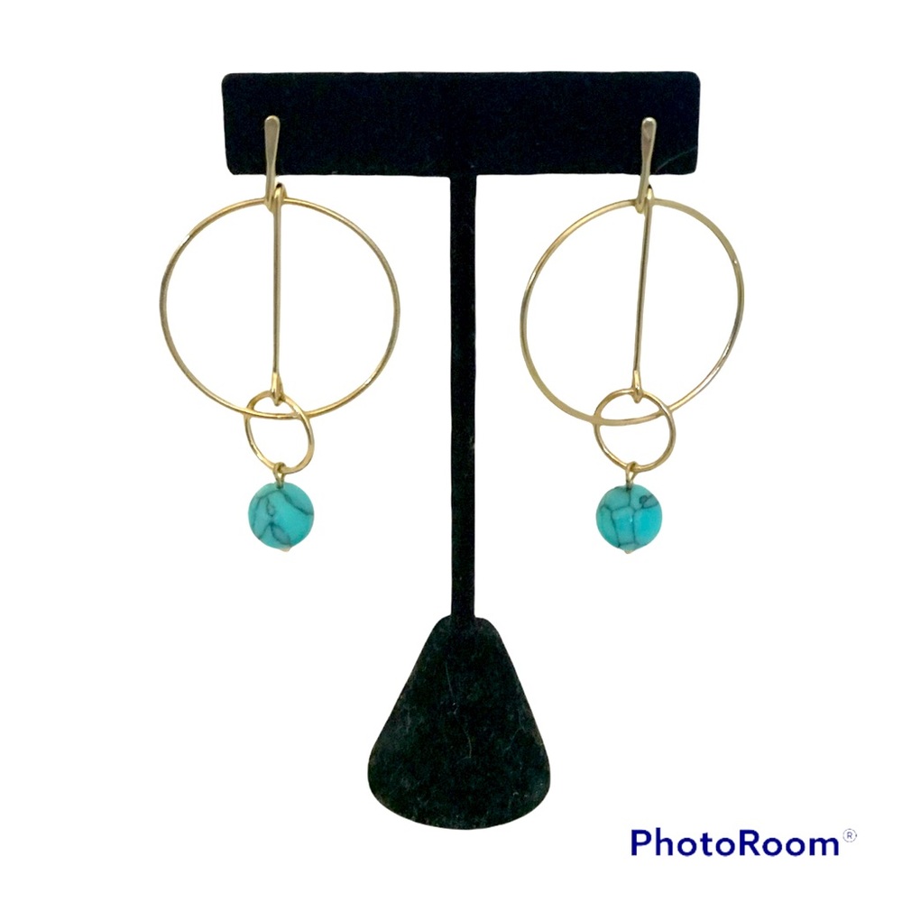Gold Hoop Earrings with Turquoise Bead Drop